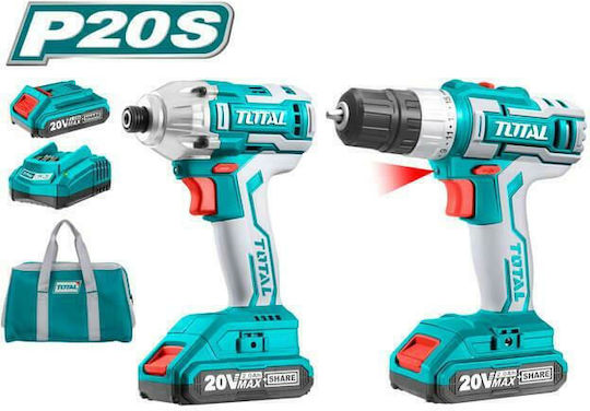 Total Set Drill Driver & Impact Screwdriver 20V with 2 Batteries 2Ah and Case