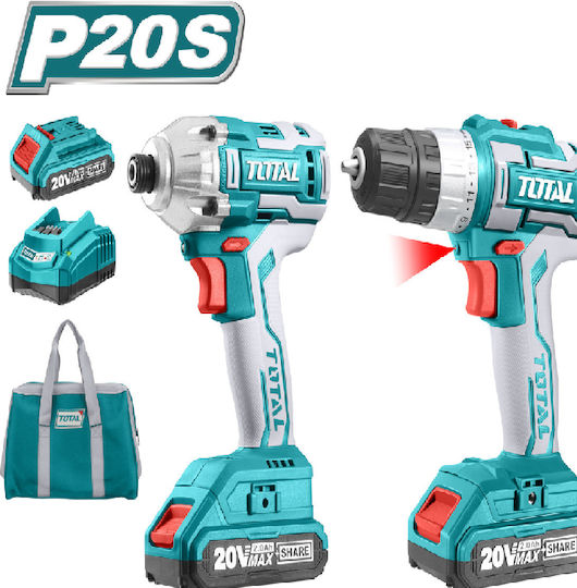 Total Set Drill Driver & Impact Screwdriver 20V with 2 Batteries 2Ah and Case