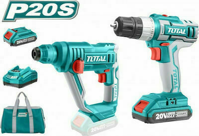 Total TCKLI2008 Σετ Δραπανοκατσάβιδο & Πιστολέτο 20V με 2 Μπαταρίες 2Ah και Θήκη με 2 Μπαταριές Li-ion 20V / 2Ah, 1 Ταχυφορτιστή (1 ώρα), Τσάντα μεταφοράς CANVAS