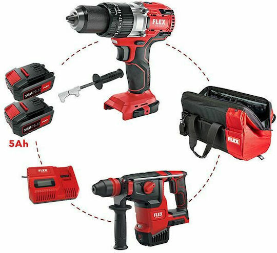 Flex PD2G 18.0-EC FC C Σετ Κρουστικό Δραπανοκατσάβιδο & Πιστολέτο Brushless 18V με 2 Μπαταρίες 5Ah και Θήκη