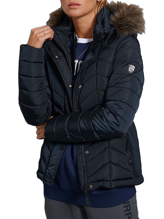 Luxe Fuji Scurtă Jachetă de femei Puffer cu glugă de blană Albastru marin