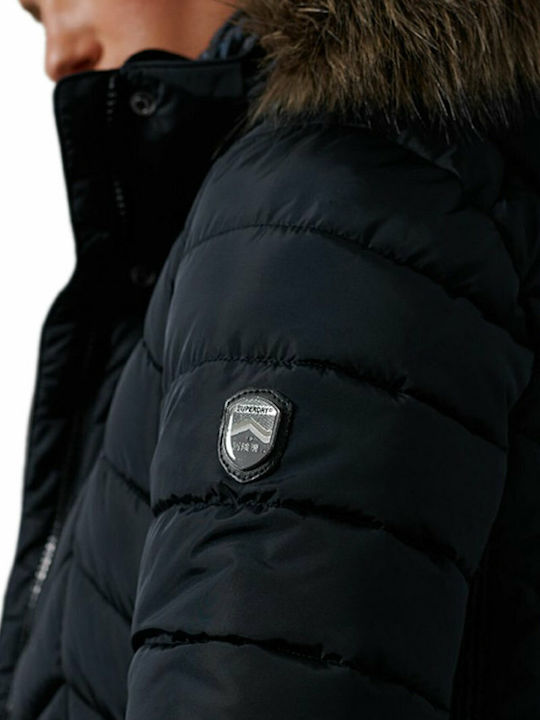 Luxe Fuji Scurtă Jachetă de femei Puffer cu glugă de blană Albastru marin