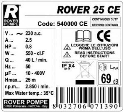Rover Pompe BE-M 25 CE Single Phase Transfer Pump with 3/8" Inlet and 0.8hp Horsepower