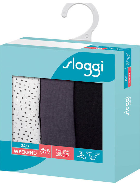 24/7 Weekend Tanga Βαμβακερά Femei Slip 3Pack cu Dantelă Alb/negru/gri