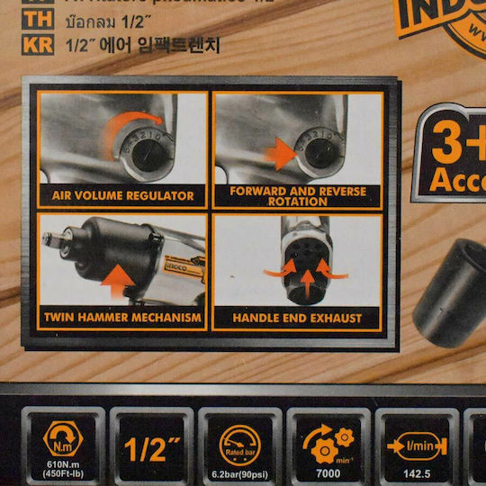 Ingco AIW12562 Air Impact Wrench 1/2 with Maximum Torque 62.2kgm