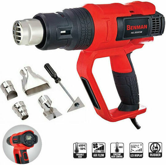 Benman HG 2000 W LCD Πιστόλι Θερμού Αέρα 2000W με Ρύθμιση Θερμοκρασίας εως και 650°C