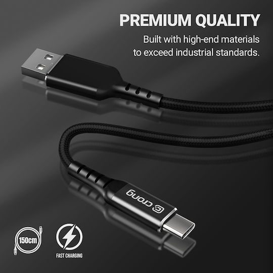 Crong Armor Link Cablu Braided USB 2.0 USB-C Masculin - USB-A 60W PD Negru 1.5m CRG-AL15USAC-BLK
