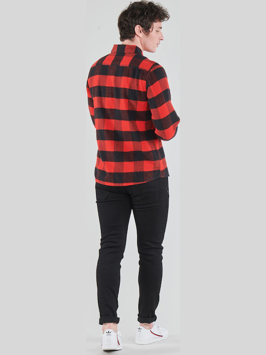 Sacramento Long Sleeve Flannel Overshirt Narrow Fit Checked Red