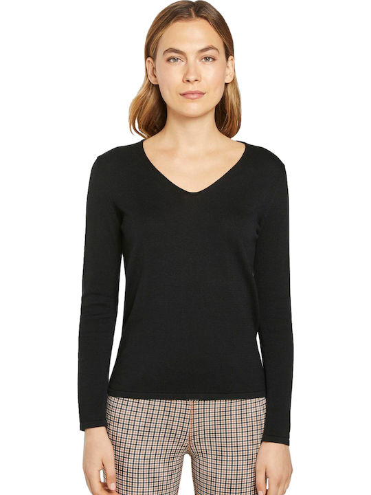 Basic Women's Long Sleeve Sweater Cotton with V Neckline Black