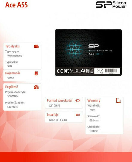 Silicon Power Ace A55 SSD 512GB τύπου 2.5'' με σύνδεση SATA III SP512GBSS3A55S25