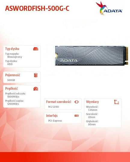Adata Swordfish SSD 500GB τύπου M.2 με σύνδεση PCI Express 3.0 και Ψύκτρα ASWORDFISH-500G-C