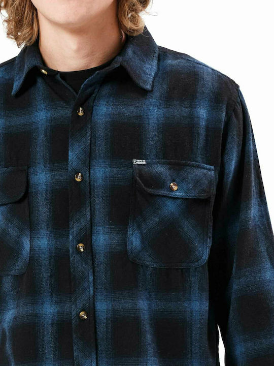 Men's Shirt Long Sleeve Cotton Checked Navy Blue