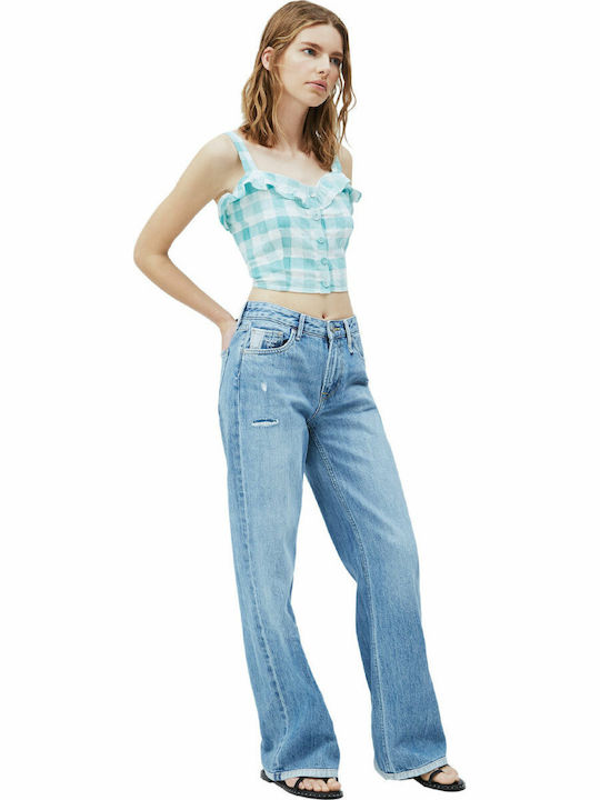Valentina Γυναικείο Καλοκαιρινό Crop Top Βαμβακερό με Τιράντες Καρό Τιρκουάζ