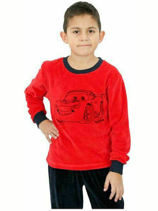 Galaxy Cars Set Top & Bottom Kids Winter Velvet Pyjamas Red