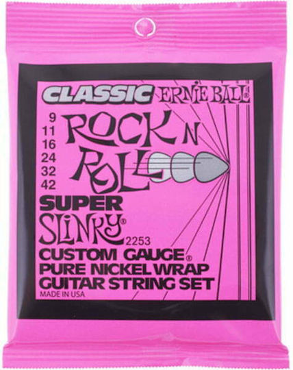 Ernie Ball Slinky Classic Rock n Roll Set of Pure Nickel Electric Guitar Strings 9 - 42 Inches Super