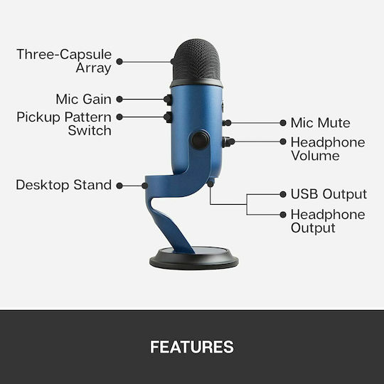 Blue Microphones Yeti Condenser Microphone USB Tabletop for Vocals in Blue Color