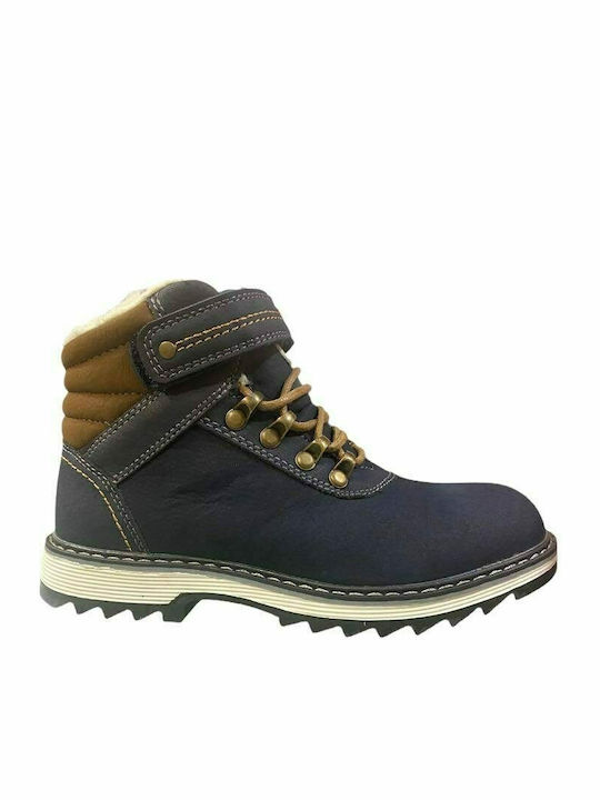 Leather Kids Boots with Velcro Navy Blue