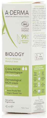 A-Derma Dermatological Rich Cream Hydrating Biology Rich 24ωρη Ενυδατική Κρέμα Προσώπου με Χρώμα & Aloe Vera 40ml