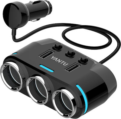 Car Charger Black Yantu B39 - Type C with Ports: 2xUSB Lighter with Cable Embedded and Battery Voltmeter