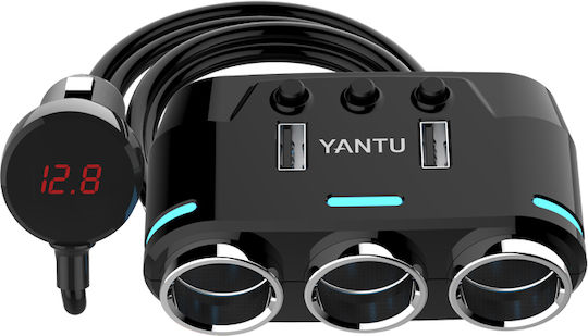 Yantu B39 - Type C Auto-Ladegerät 100W mit Anschlüssen: 2xUSB 3xZigarettenanzünder mit Kabel Eingebettet und Voltmeter Schwarz Farbe
