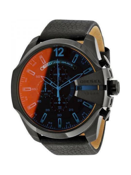 Diesel Mega Chief Herrenuhr 51mm Chronograph Batterie mit Schwarz Lederarmband