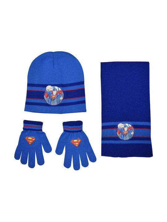 Stamion Superman Set Căciulă Copil cu Eșarfă & Mănuși Albastru deschis