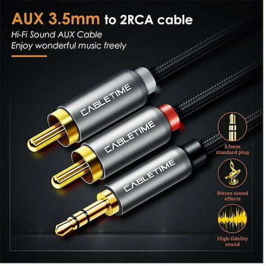 Cabletime Καλώδιο Ήχου 3.5mm male - RCA male Μαύρο 1.8m με Επίχρυσους Ακροδέκτες CT-AV314-P12G-SG1.8