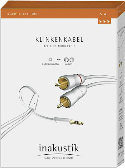 Inakustik 3.5mm Male To RCA Male Audio Cable White 3m With Gold Plated Terminals 00310003
