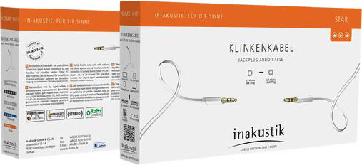 Inakustik Inakustik 3.5mm Jack Cable - 3.5mm Male to 3.5mm Male White Length 0.5m with Gold Plated Terminals