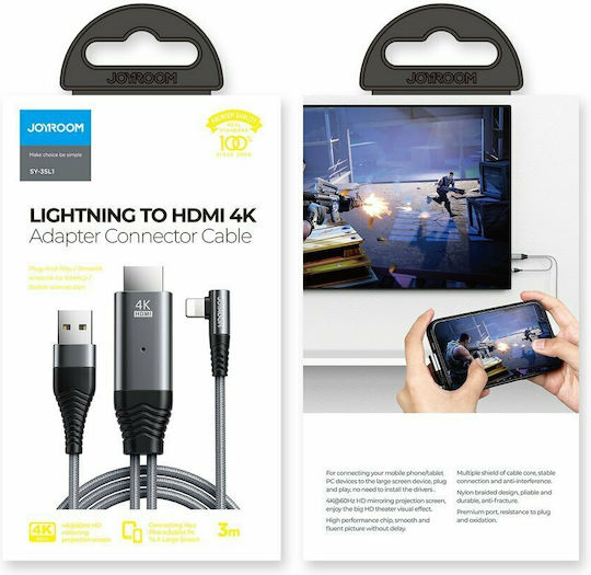 Joyroom HDMI 1.4 Braided Cable HDMI male - Lightning male / USB-A male 3m Gray