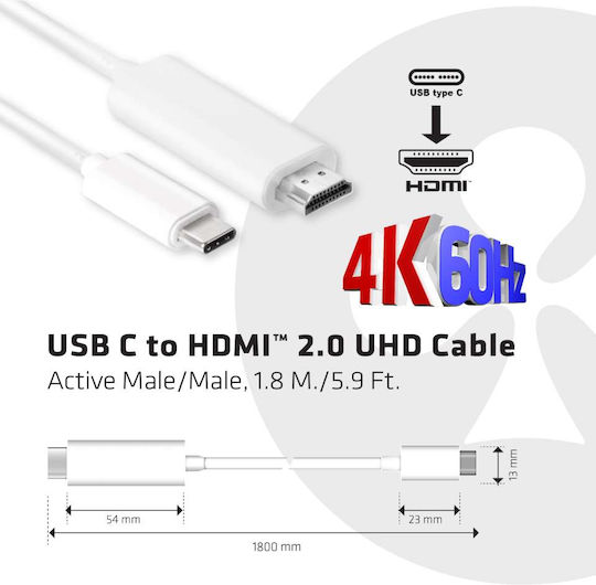 Club3D HDMI 2.0 Premium High Speed 4K 60Hz HDR Cable HDMI Male - USB-C Male Length 1.8m White