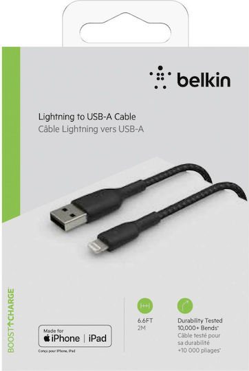 Belkin Coated Mfi Cert Regular USB-A la Cablu Lightning 12W Negru 2m (CAA002BT2MBK)