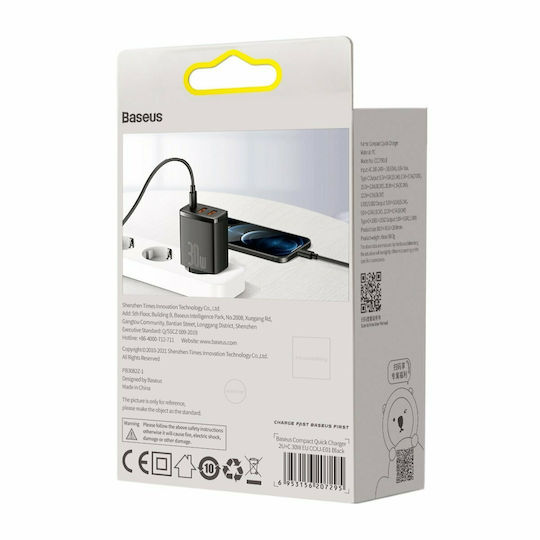 Baseus Зарядно без кабел с 2 USB-A порта и USB-C порт 30W Power Delivery Черен (Compact 2U+C)
