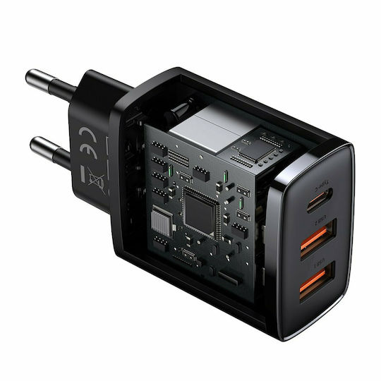 Baseus Зарядно без кабел с 2 USB-A порта и USB-C порт 30W Power Delivery Черен (Compact 2U+C)
