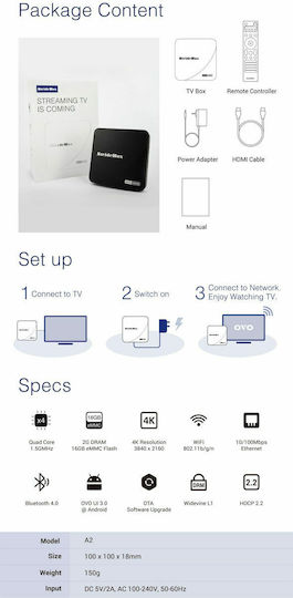TV Box StrideBox A2 Ovo Inside Streaming 4K UHD με WiFi USB 2.0 2GB RAM και 16GB Αποθηκευτικό Χώρο με Λειτουργικό Android