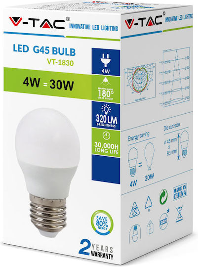 V-TAC Vt-1830 LED Bulb 4W 75mm for Socket E27 and Shape G45 Natural White 300lm