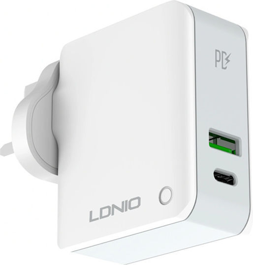 Ldnio Φορτιστής με Θύρα USB-A και Θύρα USB-C και Καλώδιο USB-C - USB-C Power Delivery Λευκός (A4403C)