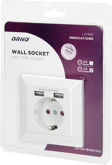 Orno Power Socket with 2 USB Ports White 1pcs