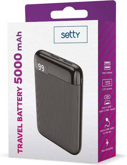 Setty Power Bank 5000mAh με 2 Θύρες USB-A Μαύρο