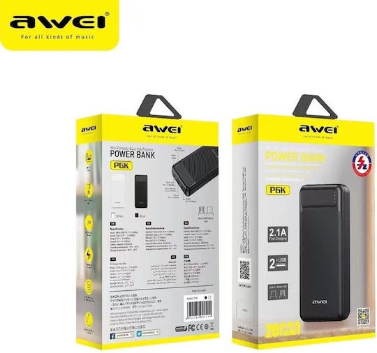 Awei P6K Power Bank 20000mAh με 2 Θύρες USB-A Μαύρο