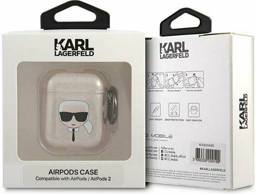 Karl Lagerfeld Karl`s Head Glitter Case Silicone with Hook in Gold color for Apple AirPods 1 / AirPods 2