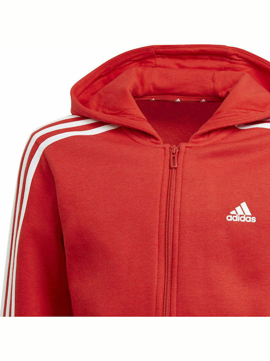 Fleece Παιδική Φούτερ Ζακέτα με Κουκούλα και Τσέπες Κόκκινη Essentials 3-Stripes