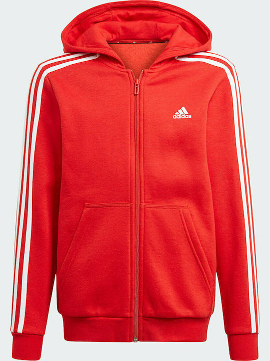 Fleece Παιδική Φούτερ Ζακέτα με Κουκούλα και Τσέπες Κόκκινη Essentials 3-Stripes