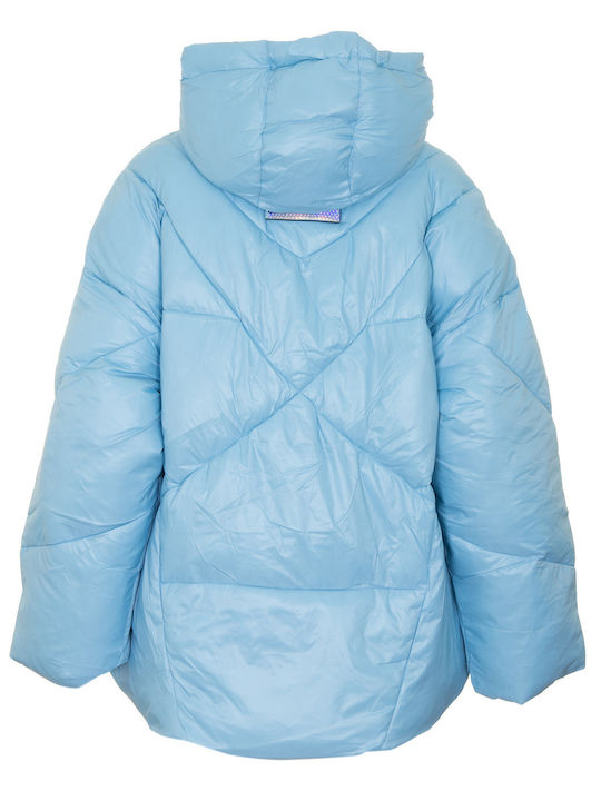 Women's Short Puffer Jacket for Winter with Hood Light Blue
