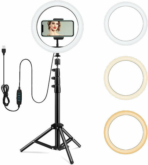 Ringlicht LED USB Tripod 1,6m Ringlicht 26cm 2500 - 4500K mit Bodenstativ und Handyhalter