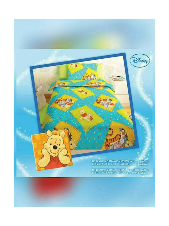 Disney Σετ Σεντόνια Μονά Βαμβακερά Winnie Turquoise 155x260cm 3τμχ