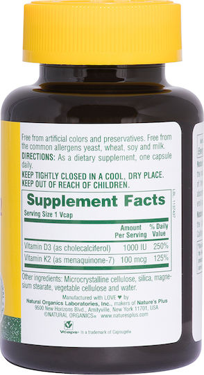 Nature's Plus Vit D3/ Vit K2 Vitamin for Immune System Boost & Bone Health 1000iu 90 veg. caps