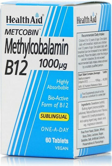 Health Aid Methylcobalamin Metcobin B12 Βιταμίνη για την Υγεία του Νευρικού Συστήματος 1000mcg 60 ταμπλέτες