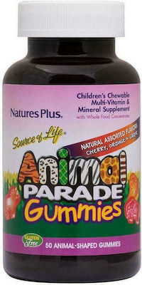 Nature's Plus Animal Parade Gummies Assorted Flavors Vitamina pentru Energie & Întărirea Sistemului Imunitar Cireș Portocală Strugure 50 bomboane de jeleu