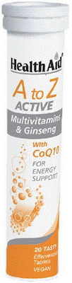 Health Aid A to Z Active Multivitamins & Ginseng CoQ10 Vitamin for Energy & Immune System Boost 1000mg 20 eff. tabs